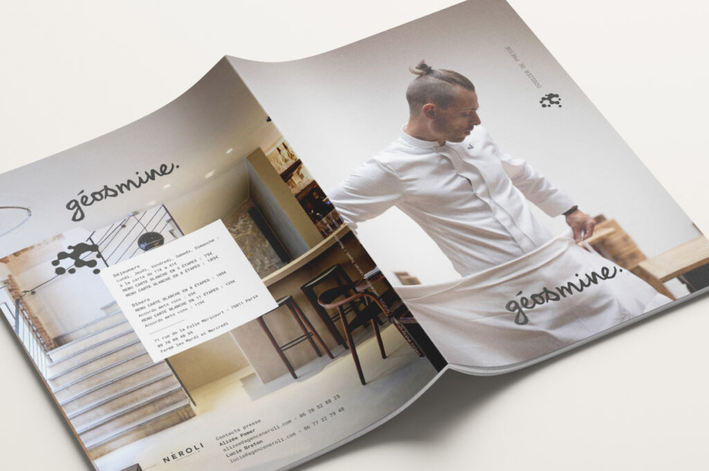 Image du dossier de presse A4 8 pages restaurant Géosmine de Maxime Boutier. Paris