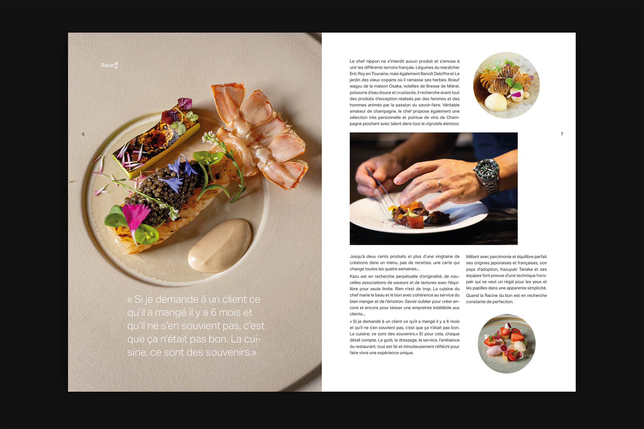 Double page intérieure du dossier de presse du restaurant Racine du chef Kazuyuki Tanaka à Reims